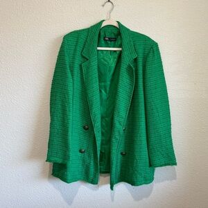 Zara Womens Medium Tweed Green Textured Oversized Double Breasted Blazer Preppy